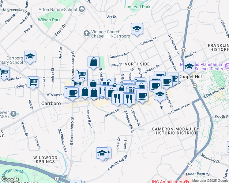 map of restaurants, bars, coffee shops, grocery stores, and more near 205 Sunset Drive in Chapel Hill