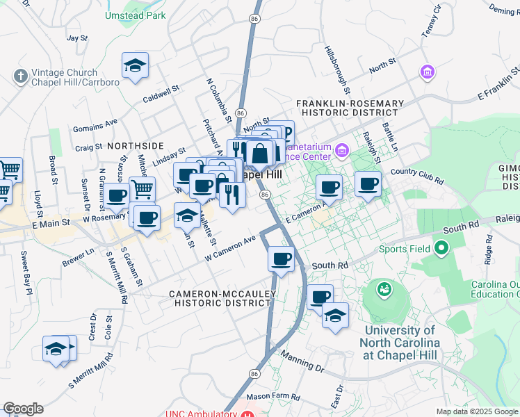 map of restaurants, bars, coffee shops, grocery stores, and more near 106 Fraternity Ct in Chapel Hill