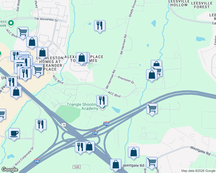 map of restaurants, bars, coffee shops, grocery stores, and more near 6330 Mount Herman Road in Raleigh