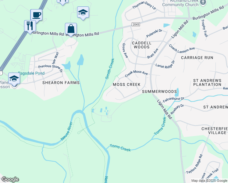 map of restaurants, bars, coffee shops, grocery stores, and more near 8525 Parlange Woods Lane in Wake Forest