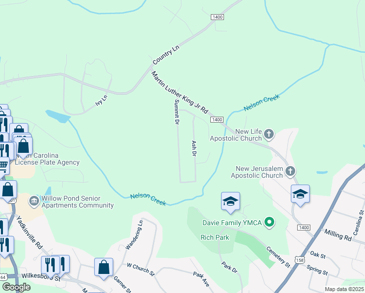 map of restaurants, bars, coffee shops, grocery stores, and more near 211 Summit Drive in Mocksville