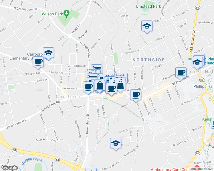 map of restaurants, bars, coffee shops, grocery stores, and more near 102 B Street in Carrboro