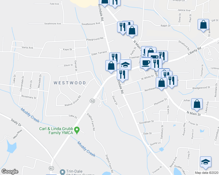 map of restaurants, bars, coffee shops, grocery stores, and more near 317 Trindale Road in Archdale