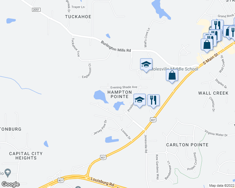 map of restaurants, bars, coffee shops, grocery stores, and more near 936 Middle Ground Avenue in Rolesville