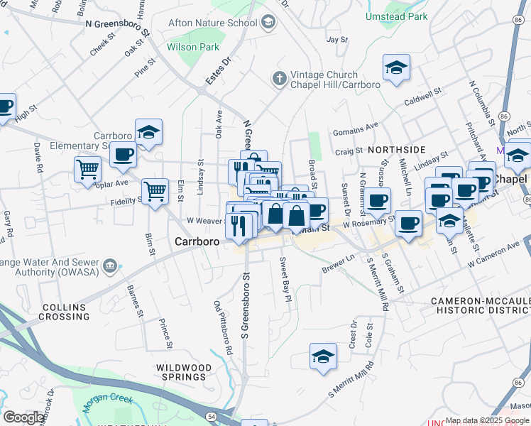 map of restaurants, bars, coffee shops, grocery stores, and more near 200 North Greensboro Street in Carrboro