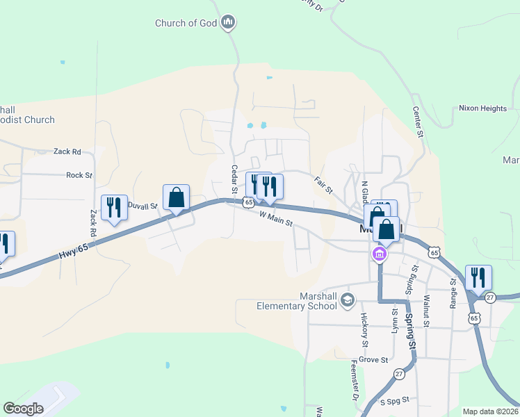 map of restaurants, bars, coffee shops, grocery stores, and more near 27 U.S. 65 in Marshall