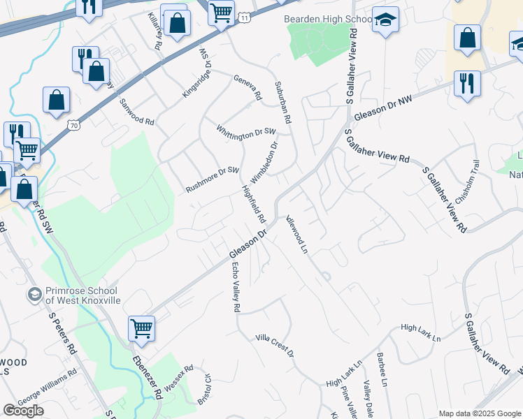 map of restaurants, bars, coffee shops, grocery stores, and more near 312 Highfield Road in Knoxville