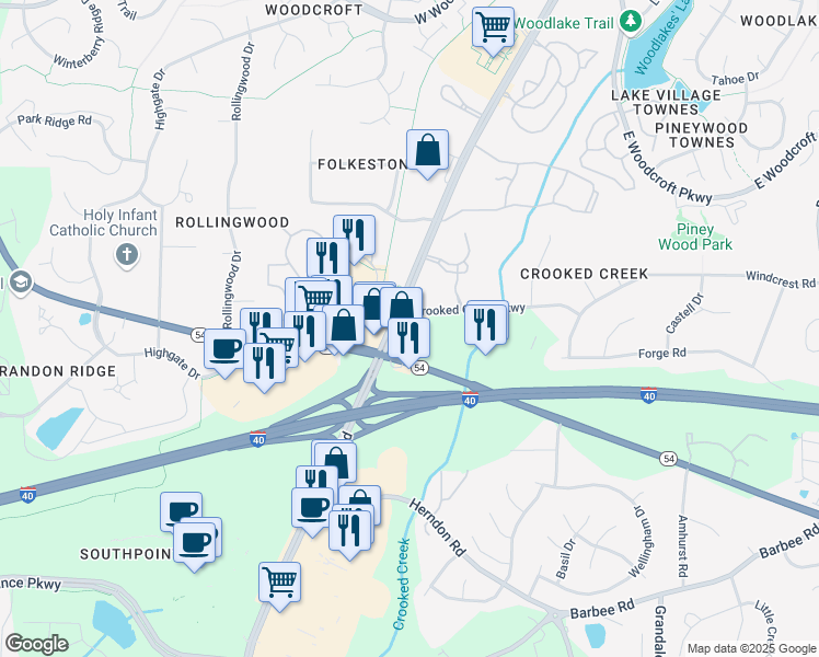 map of restaurants, bars, coffee shops, grocery stores, and more near 6405 Fayetteville Road in Durham