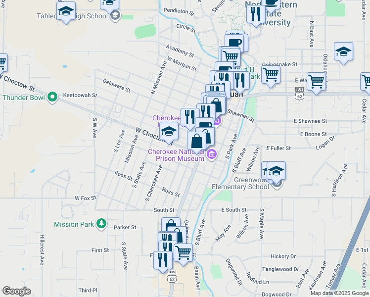 map of restaurants, bars, coffee shops, grocery stores, and more near 300 South College Avenue in Tahlequah