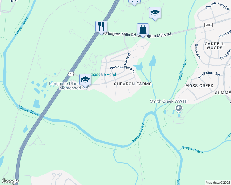 map of restaurants, bars, coffee shops, grocery stores, and more near 9721 Rainsong Street in Wake Forest