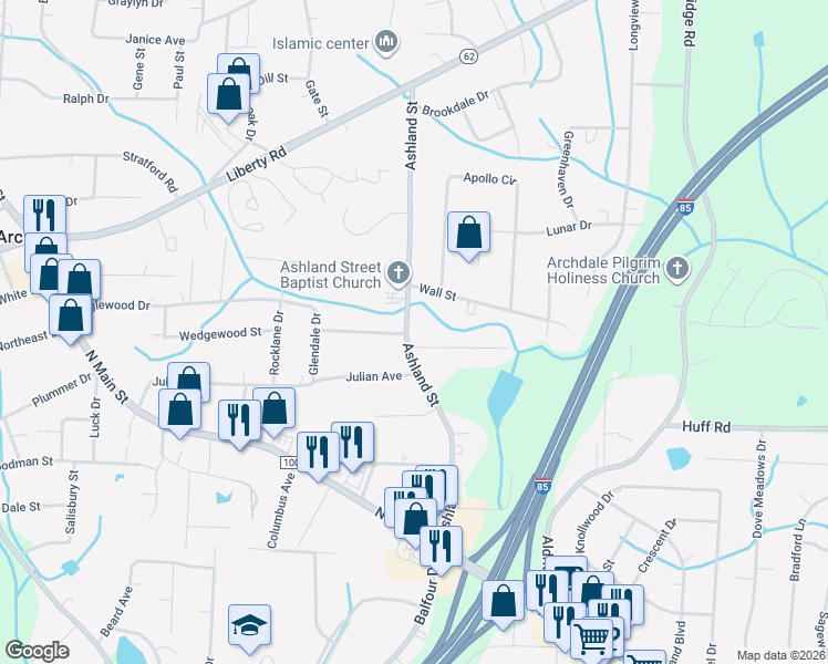map of restaurants, bars, coffee shops, grocery stores, and more near 500 Ashland Street in Archdale
