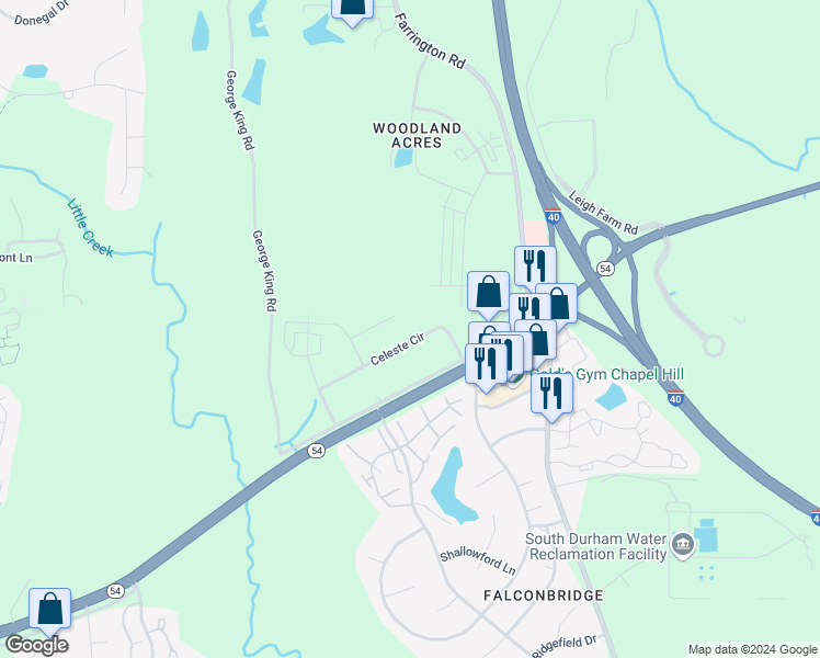 map of restaurants, bars, coffee shops, grocery stores, and more near 130 Celeste Circle in Chapel Hill