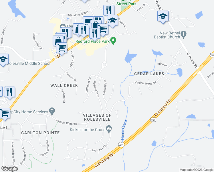 map of restaurants, bars, coffee shops, grocery stores, and more near 625 Ashbrittle Drive in Rolesville