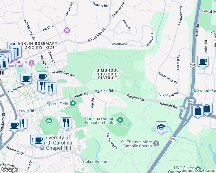 map of restaurants, bars, coffee shops, grocery stores, and more near 580 Raleigh Road in Chapel Hill
