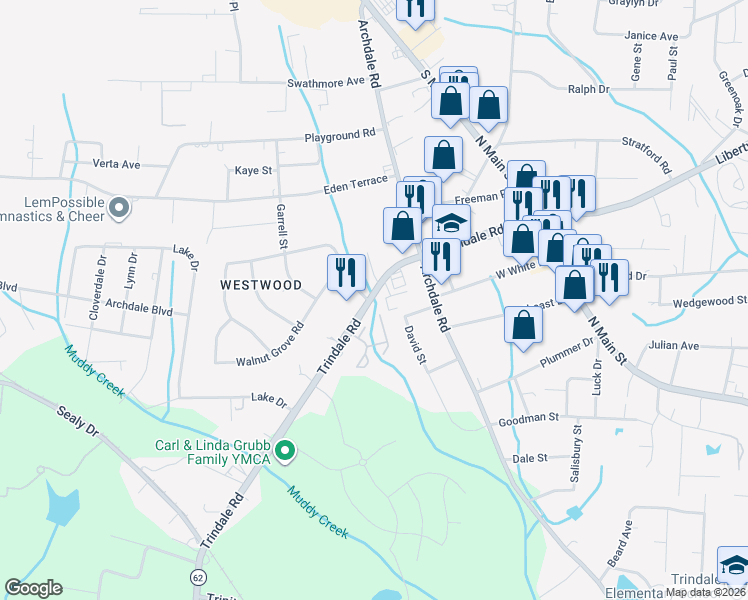 map of restaurants, bars, coffee shops, grocery stores, and more near 317 Trindale Road in Archdale