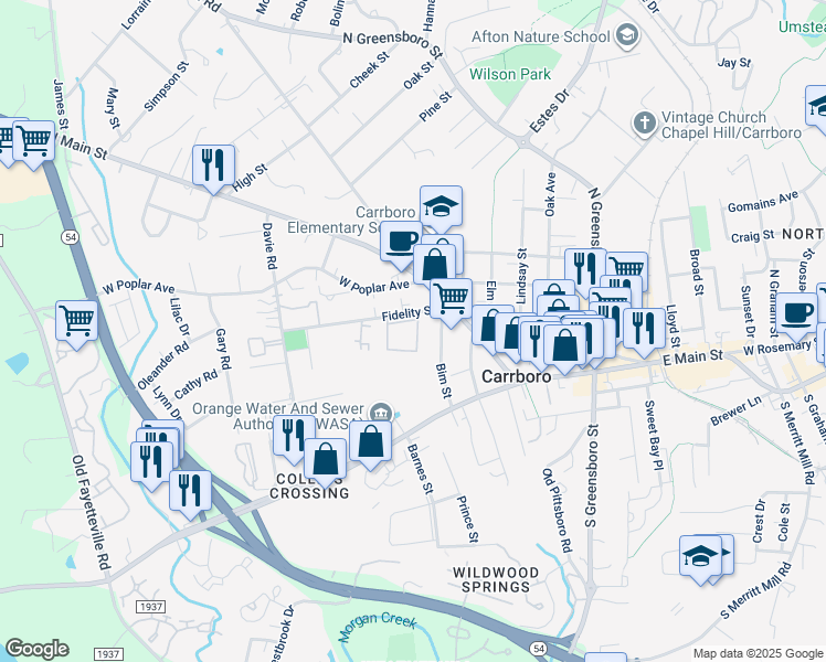 map of restaurants, bars, coffee shops, grocery stores, and more near 105 Fidelity Street in Carrboro