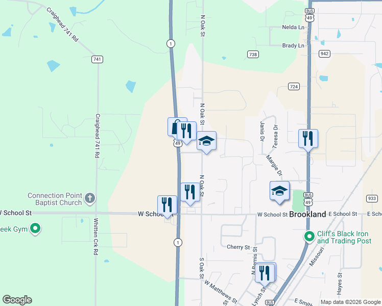 map of restaurants, bars, coffee shops, grocery stores, and more near 406 Honeysuckle in Brookland