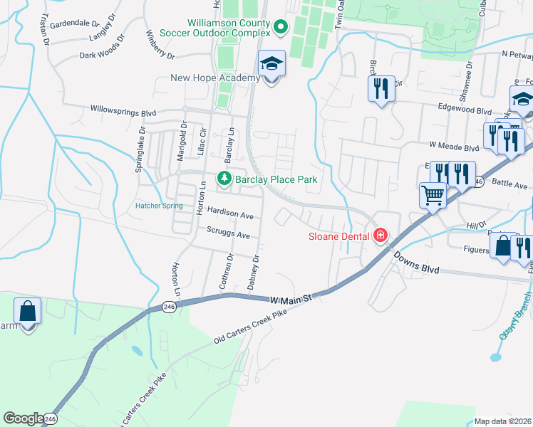 map of restaurants, bars, coffee shops, grocery stores, and more near 404 Dabney Drive in Franklin