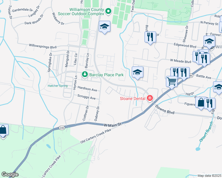 map of restaurants, bars, coffee shops, grocery stores, and more near 1101 Downs Boulevard in Franklin