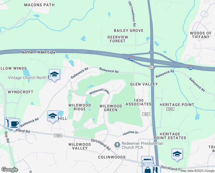 map of restaurants, bars, coffee shops, grocery stores, and more near 3000 Fownes Court in Raleigh