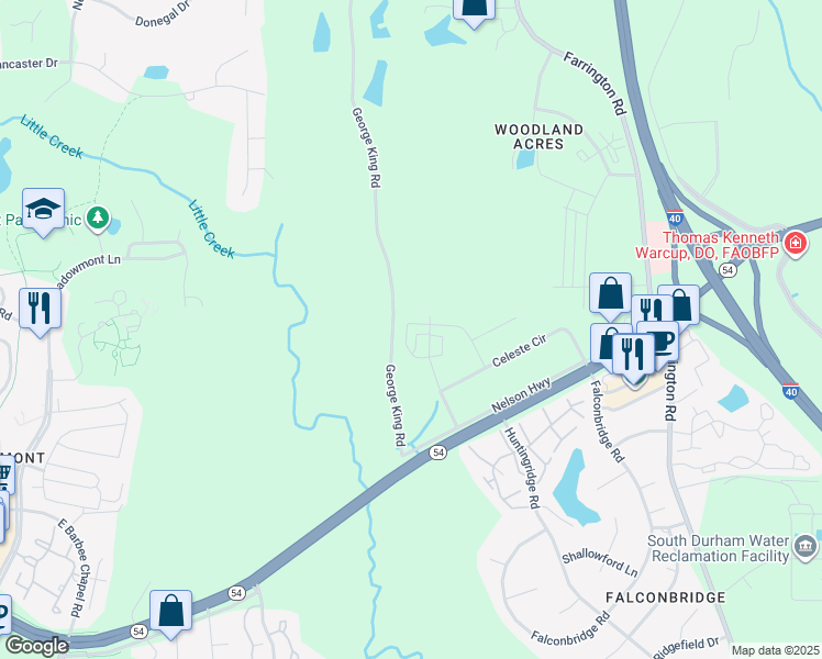 map of restaurants, bars, coffee shops, grocery stores, and more near 151 Manordale Drive in Durham County