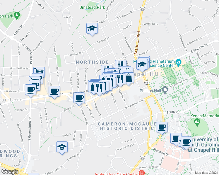 map of restaurants, bars, coffee shops, grocery stores, and more near 310 1/2 West Franklin Street in Chapel Hill