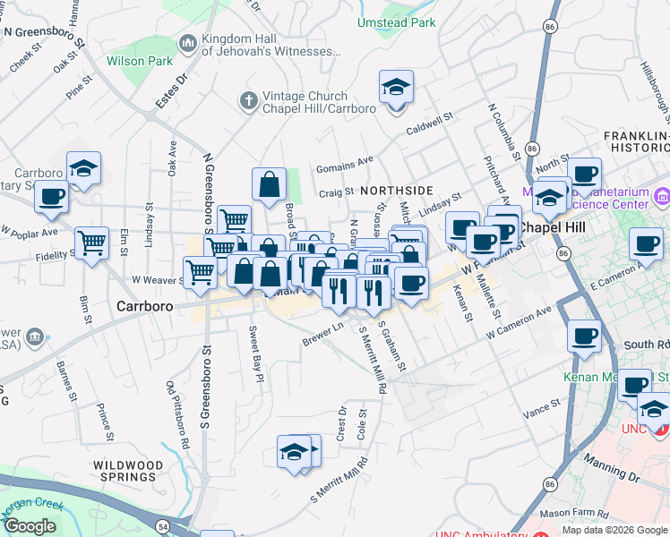 map of restaurants, bars, coffee shops, grocery stores, and more near 205 Sunset Drive in Chapel Hill