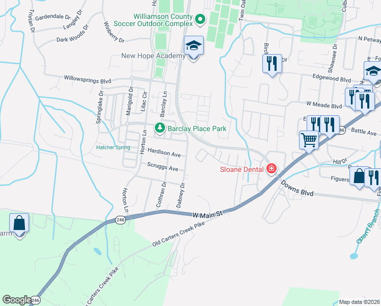 map of restaurants, bars, coffee shops, grocery stores, and more near 404 Dabney Drive in Franklin