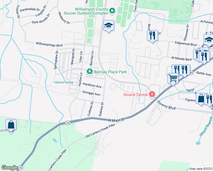 map of restaurants, bars, coffee shops, grocery stores, and more near 404 Dabney Drive in Franklin