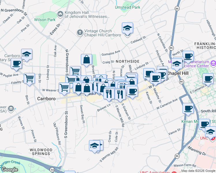 map of restaurants, bars, coffee shops, grocery stores, and more near 205 Sunset Drive in Chapel Hill