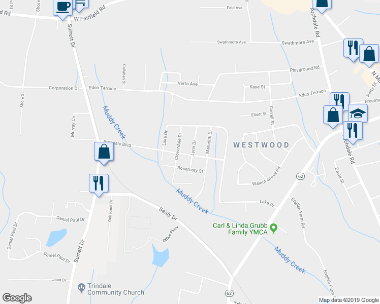 map of restaurants, bars, coffee shops, grocery stores, and more near 124 Lynn Drive in Archdale