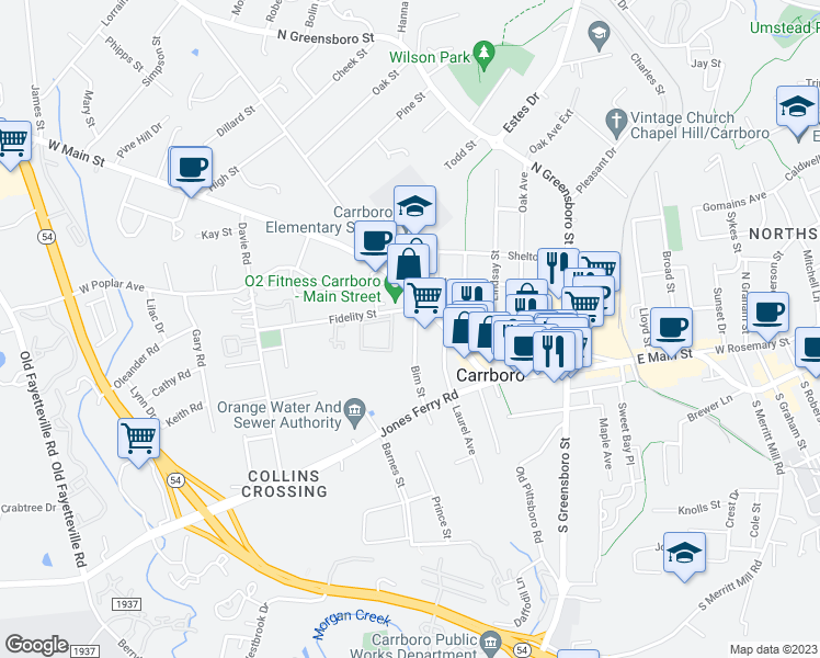 map of restaurants, bars, coffee shops, grocery stores, and more near 108 Bim Street in Carrboro