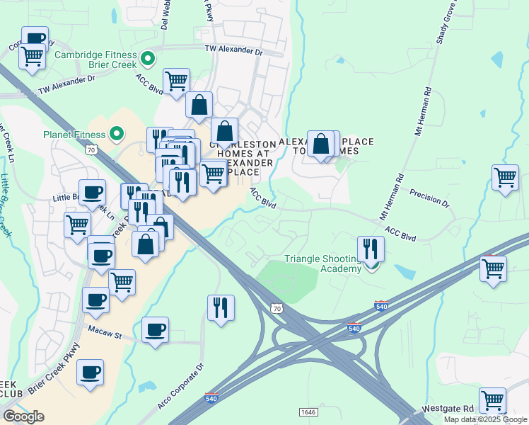 map of restaurants, bars, coffee shops, grocery stores, and more near 7610 Aura Loop in Raleigh