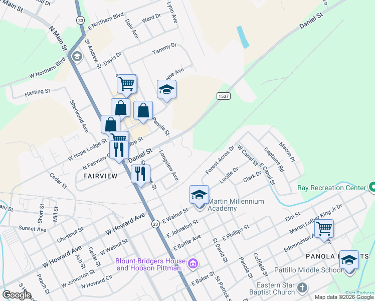 map of restaurants, bars, coffee shops, grocery stores, and more near 301 Daniel Street in Tarboro