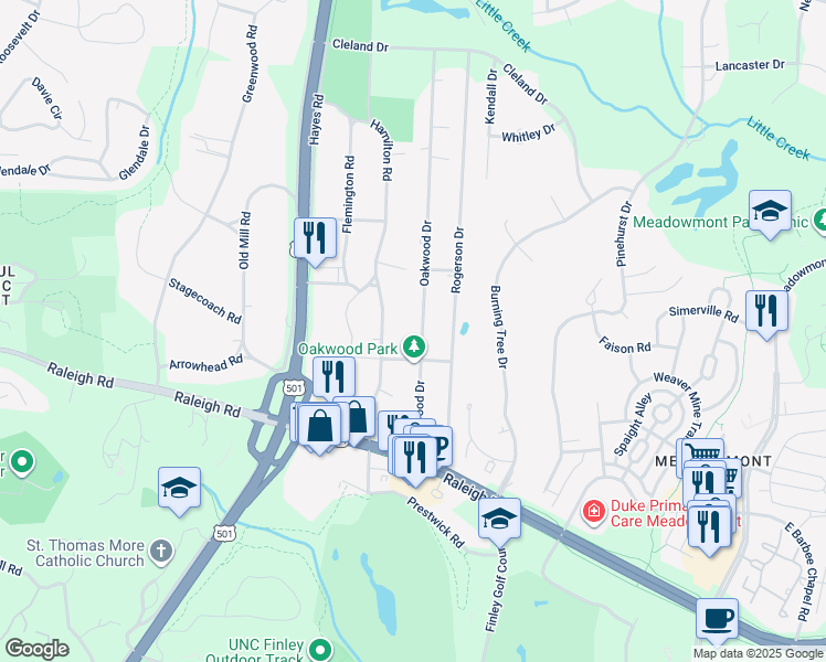 map of restaurants, bars, coffee shops, grocery stores, and more near 21 Oakwood Dr in Chapel Hill