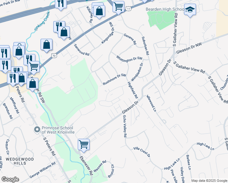 map of restaurants, bars, coffee shops, grocery stores, and more near 8720 Wimbledon Drive in Knoxville