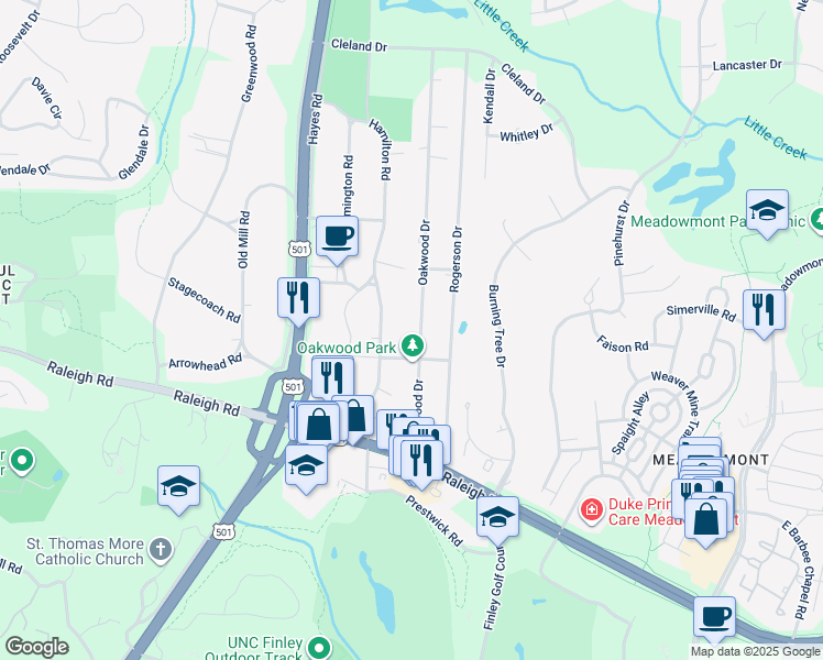 map of restaurants, bars, coffee shops, grocery stores, and more near 21 Oakwood Dr in Chapel Hill