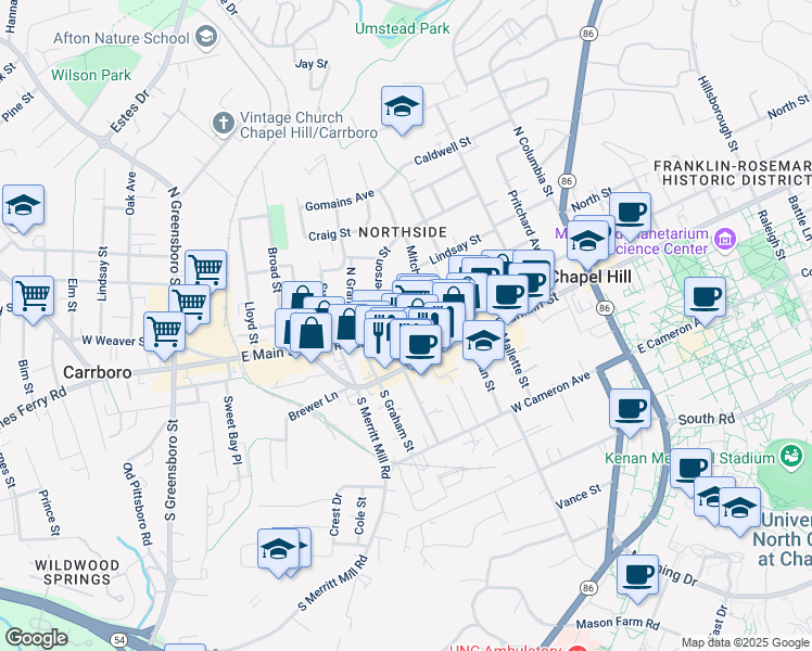 map of restaurants, bars, coffee shops, grocery stores, and more near 406 West Rosemary Street in Chapel Hill