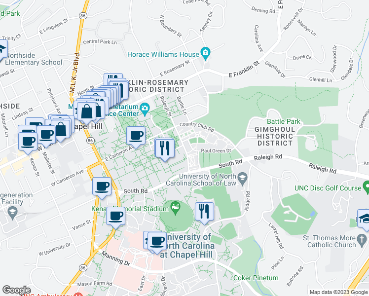 map of restaurants, bars, coffee shops, grocery stores, and more near 319 Raleigh Street in Chapel Hill