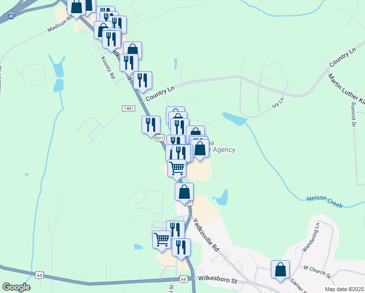 map of restaurants, bars, coffee shops, grocery stores, and more near 1101 Yadkinville Road in Mocksville