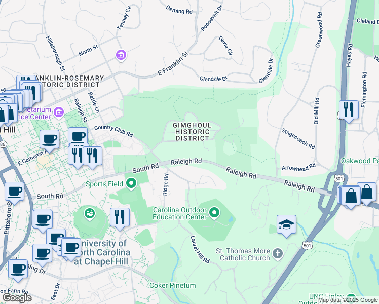 map of restaurants, bars, coffee shops, grocery stores, and more near 580 Raleigh Road in Chapel Hill