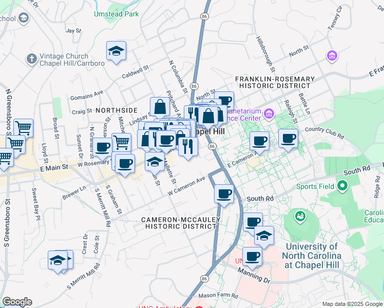 map of restaurants, bars, coffee shops, grocery stores, and more near 123 West Franklin Street in Chapel Hill