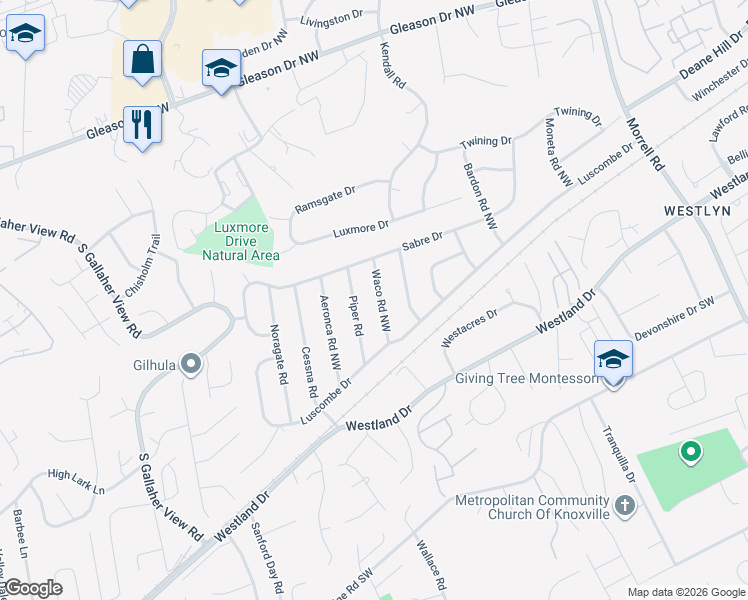 map of restaurants, bars, coffee shops, grocery stores, and more near 721 Waco Road Northwest in Knoxville