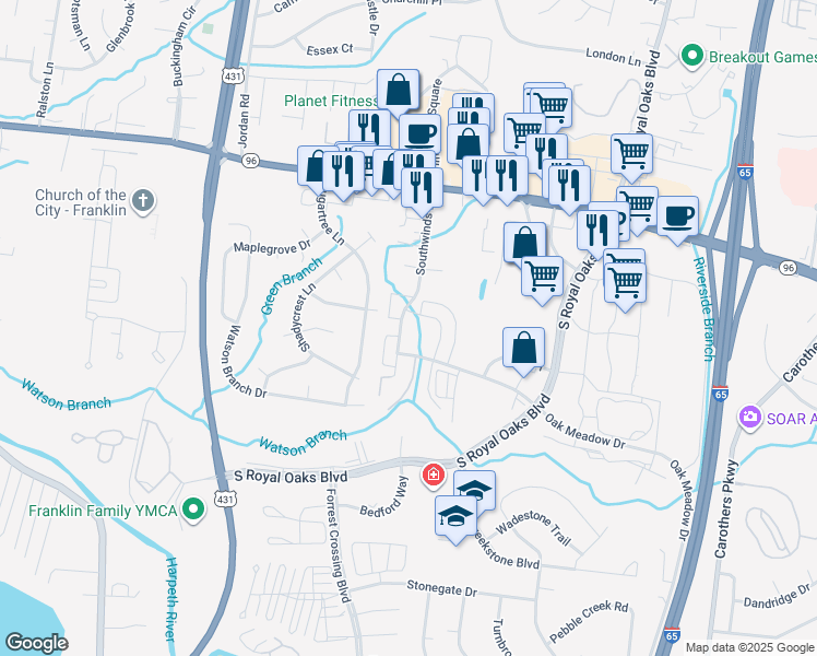 map of restaurants, bars, coffee shops, grocery stores, and more near 109 Hatfield Drive in Franklin