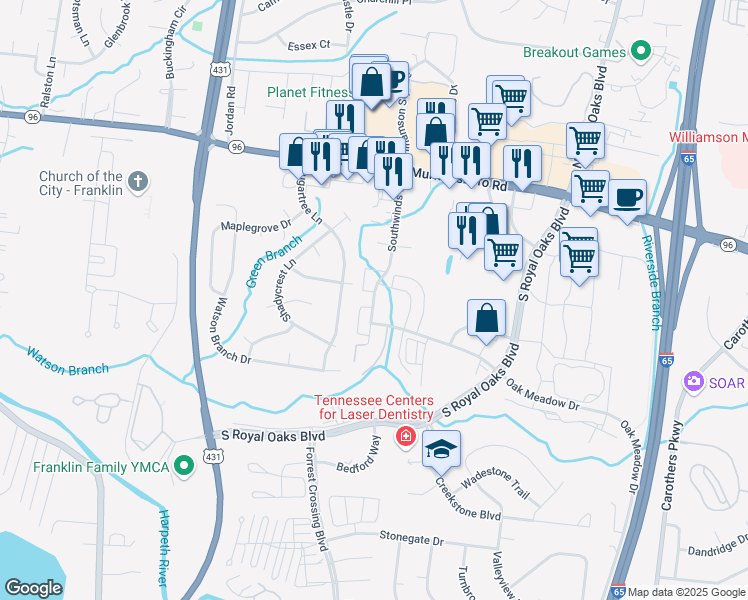 map of restaurants, bars, coffee shops, grocery stores, and more near 531 Southwinds Drive in Franklin