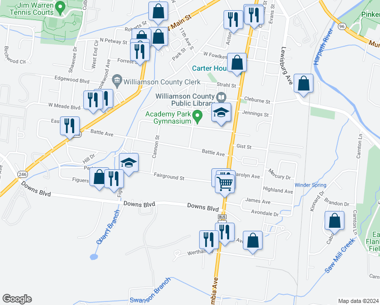 map of restaurants, bars, coffee shops, grocery stores, and more near 121 Battle Avenue in Franklin