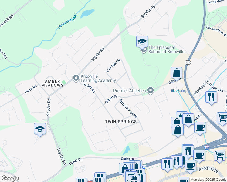 map of restaurants, bars, coffee shops, grocery stores, and more near 1112 Gilbert Station Lane in Knoxville