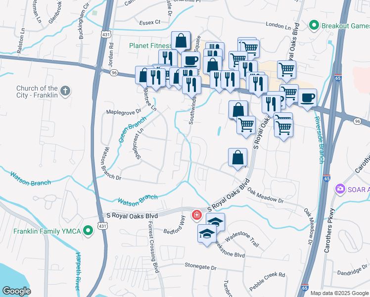 map of restaurants, bars, coffee shops, grocery stores, and more near 109 Hatfield Drive in Franklin