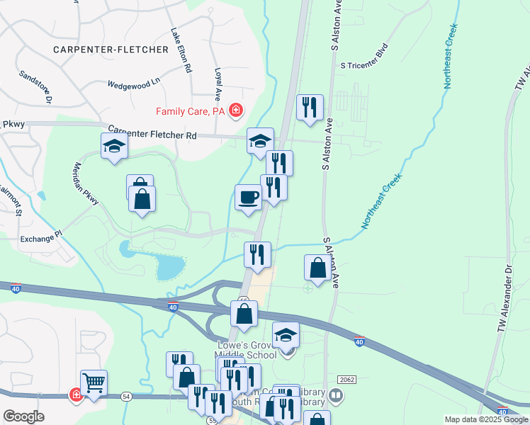 map of restaurants, bars, coffee shops, grocery stores, and more near Apex Highway in Durham