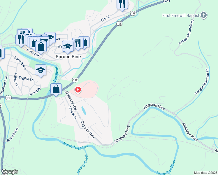 map of restaurants, bars, coffee shops, grocery stores, and more near 623 Overlook Drive in Spruce Pine